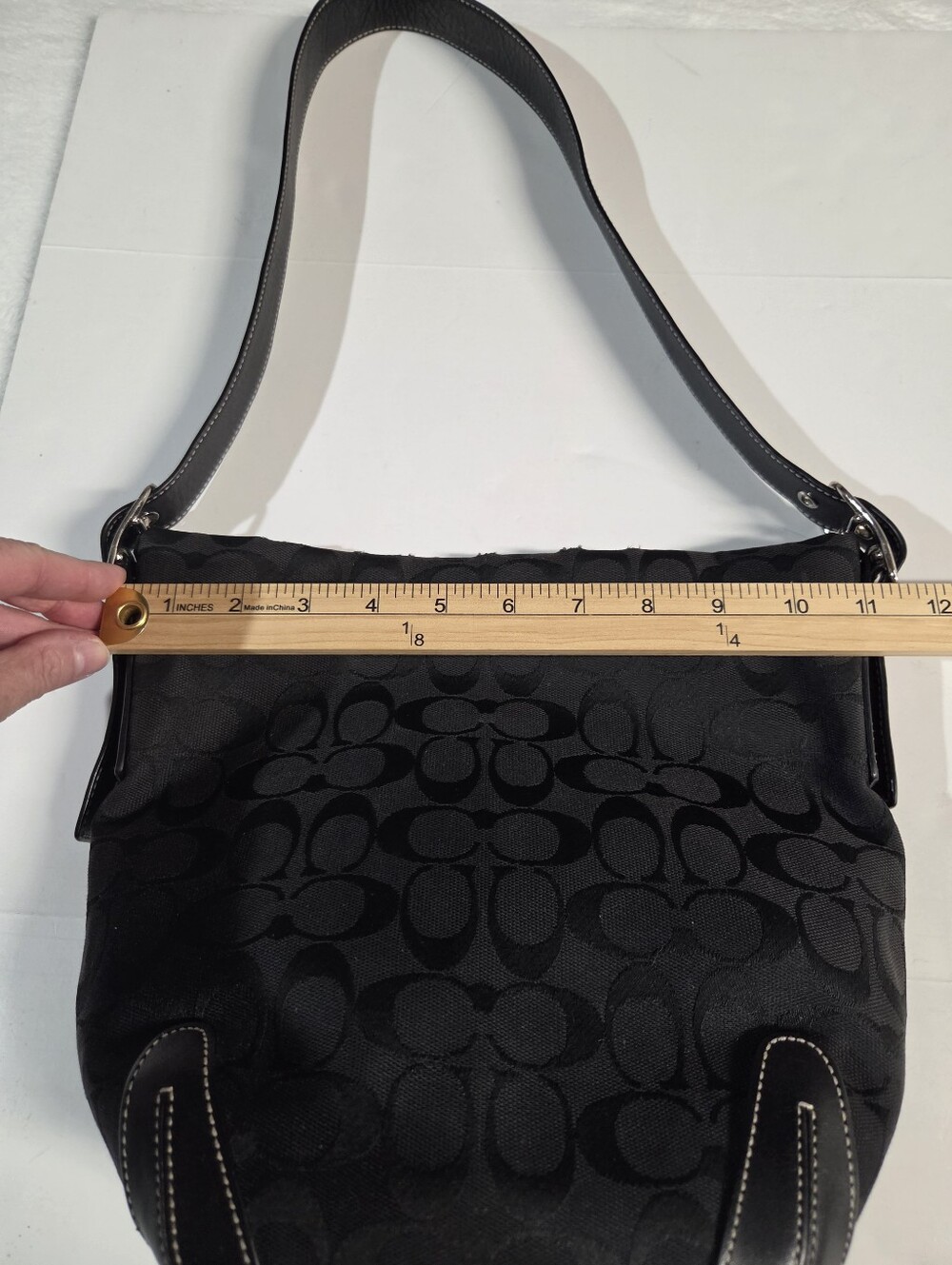 Coach Black Signature Jacquard Shoulder Bag with Leather Trim